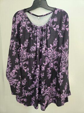 Dolnine Women’s Tunic Top Pleated Long Sleeve Size 1X Purple Casual Crewneck